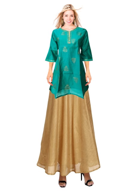 K32 CHANDERI SILK LEAF GRN&GD RS 3/4 F