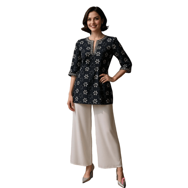 K32 COTT HBLK TRIBAL FLORAL  E BW RS 3/4ST