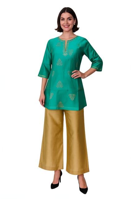 K32 CHANDERI SILK LEAF GRN&GD RS 3/4 F MOTIF-I