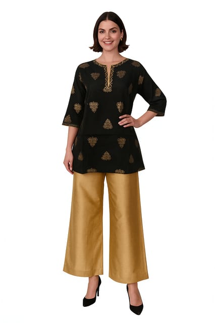 K32 CHANDERI SILK LEAF BL&GD RS 3/4 FL MOTIF-I