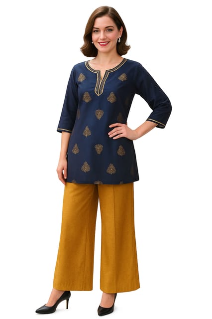 K32 CHANDERI SILK LEAF NBLUE &GD RS 3/4 FL MOTIF-II