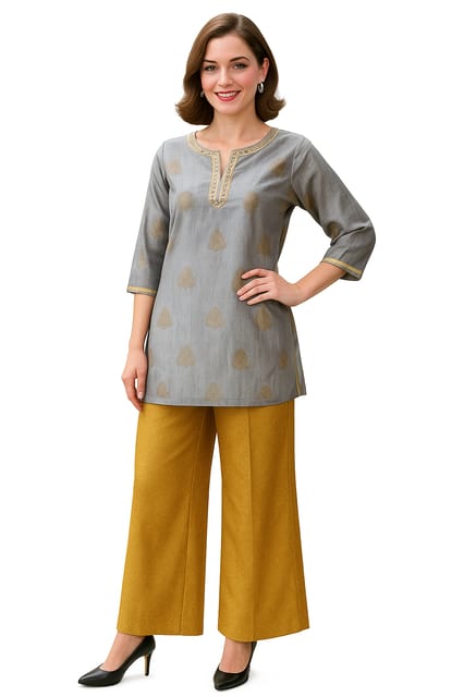 K32 CHANDERI SILK LEAF GRY&GD RS 3/4FL MOTIF-II