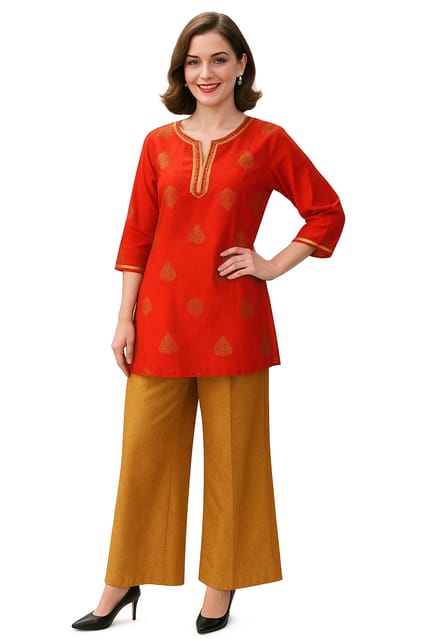 K32 CHANDERI SILK LEAF RED&GD RS 3/4FL MOTIF-II