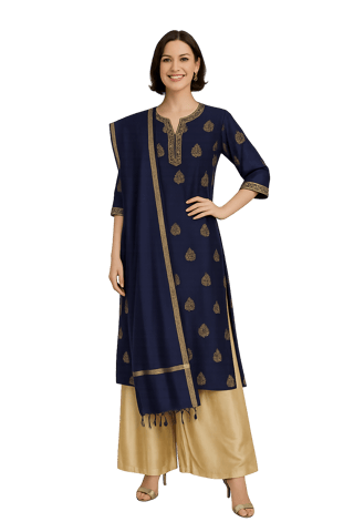 K45 CHANDERI SILK LEAF NAVY BLUE&GOLD W/STOLE RS 3/4ST - MOTIF1