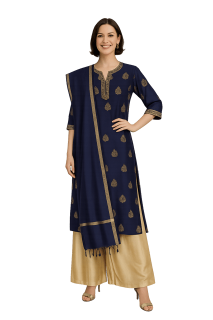 K45 CHANDERI SILK LEAF NAVY BLUE&GOLD W/STOLE RS 3/4ST - MOTIF1