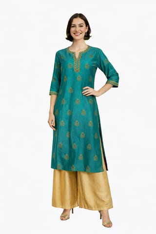 K45 CHANDERI SILK LEAF GREEN &GOLD RS 3/4ST - MOTIF2