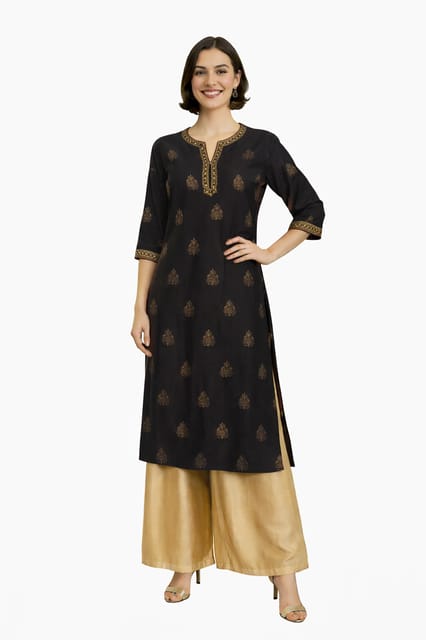 K45 CHANDERI SILK LEAF BLACK&GOLD W/STOLE RS 3/4 ST - MOTIF2