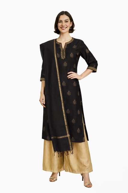 K45 CHANDERI SILK LEAF BLACK&GOLD W/STOLE RS 3/4 ST - MOTIF2