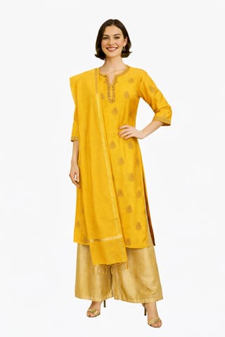 K45 CHANDERI SILK LEAF YELLOW&GOLD W/STOLE RS 3/4ST - MOTIF1