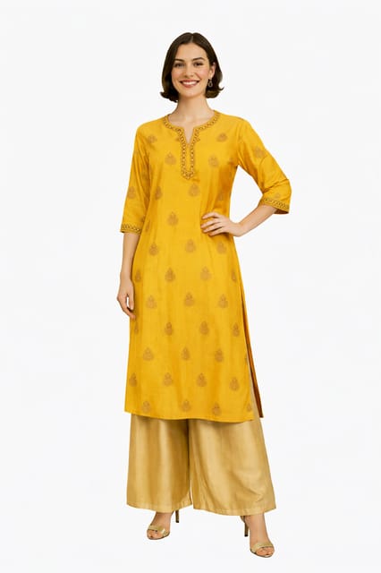 K45 CHANDERI SILK LEAF YELLOW&GOLD W/STOLE RS 3/4ST - MOTIF1