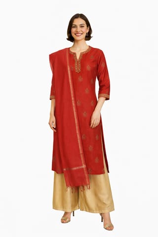 K45 CHANDERI SILK LEAF RED &GOLD W/STOLE RS 3/4ST - MOTIF1