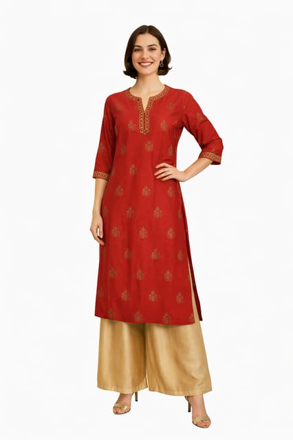 K45 CHANDERI SILK LEAF RED &GOLD W/STOLE RS 3/4ST - MOTIF1