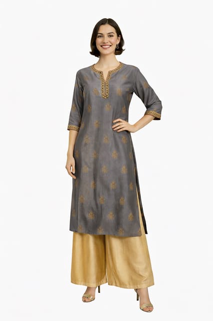 K45 CHANDERI SILK LEAF GRY&GOLD W/STOLE RS 3/4ST - MOTIF2