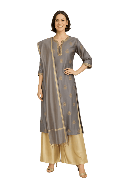 K45 CHANDERI SILK LEAF GRY&GOLD W/STOLE RS 3/4ST- MOTIF1