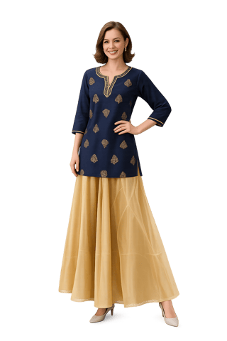 K32 CHANDERI SILK LEAF NBLUE & GD RS 3/4 FL MOTIF-II