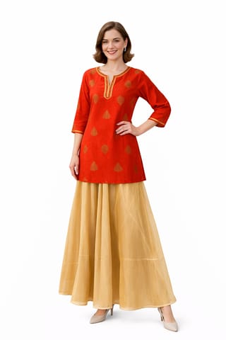 K32 CHANDERI SILK LEAF RED&GD RS 3/4FL MOTIF-II