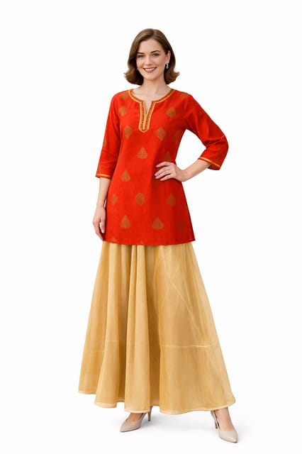 K32 CHANDERI SILK LEAF RED&GD RS 3/4FL MOTIF-II