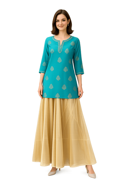 K32 CHANDERI SILK LEAF GRN&GD RS 3/4 F MOTIF-I