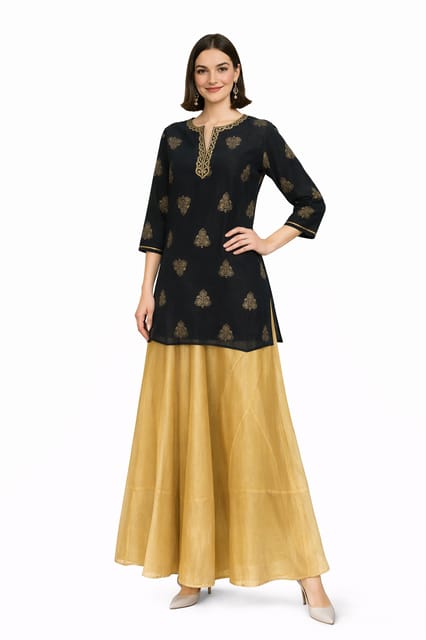 K32 CHANDERI SILK LEAF BL&GD RS 3/4 FL MOTIF-I