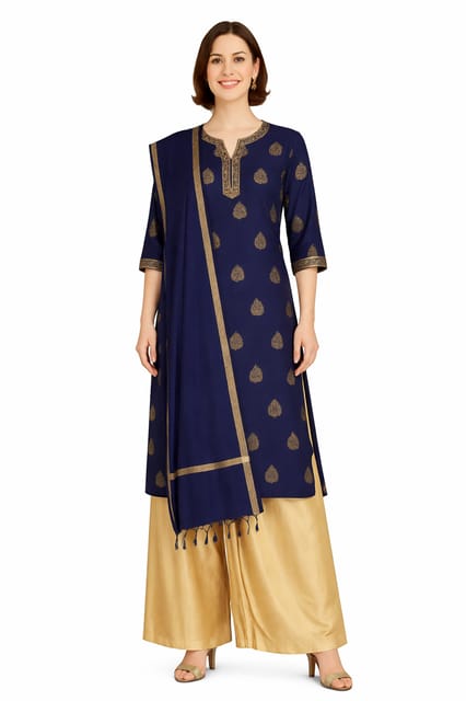 K45 CHANDERI SILK LEAF NAVY BLUE&GOLD W/STOLE RS 3/4ST - MOTIF1