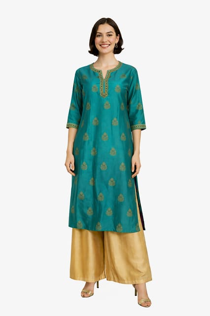 K45 CHANDERI SILK LEAF GREEN &GOLD RS 3/4ST - MOTIF2