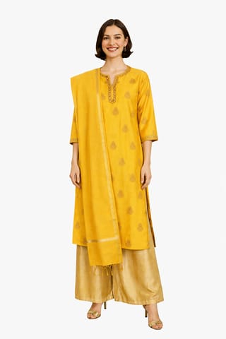 K45 CHANDERI SILK LEAF YELLOW&GOLD W/STOLE RS 3/4ST - MOTIF1