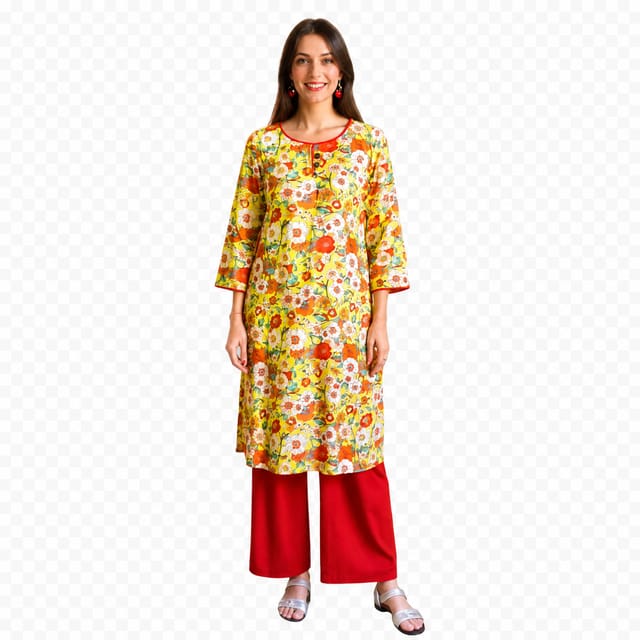 K45 COTT BOTANICAN-3 FLO YELL WOODBTN RN 3/4ST