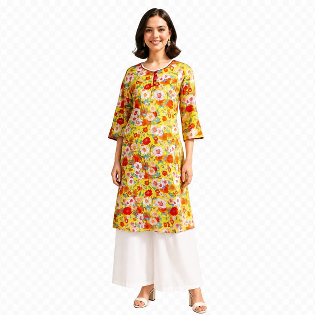 K45 COTT BOTANICAN-1 FLO YELL REDBTN RN 3/4ST